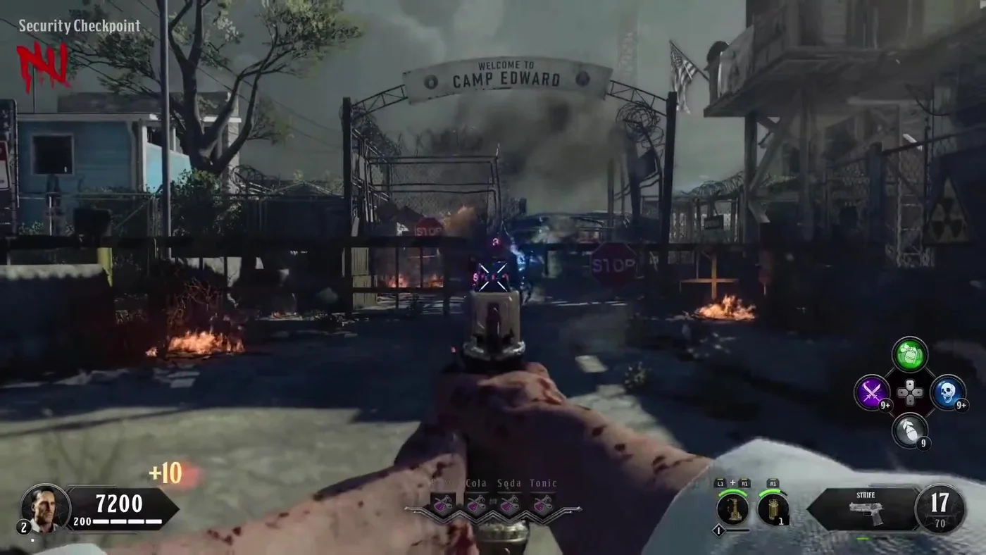 The Welcome to Camp Edward gate seen from the Security Checkpoint during a game, Alpha Omega, Call of Duty Black Ops 4 Zombies