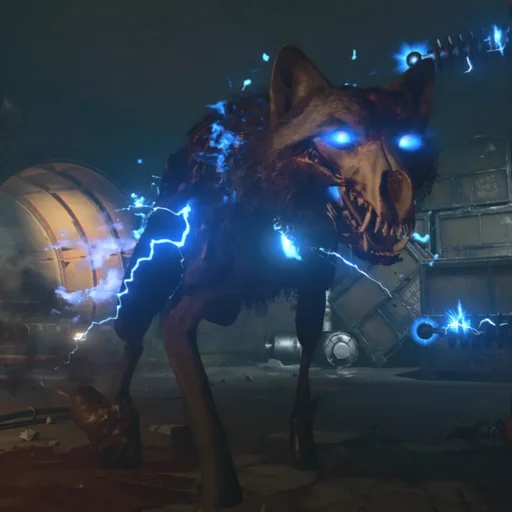 A Lightning Hound walking, its fur crackling with blue electricity, Alpha Omega, Call of Duty Black Ops 4 Zombies