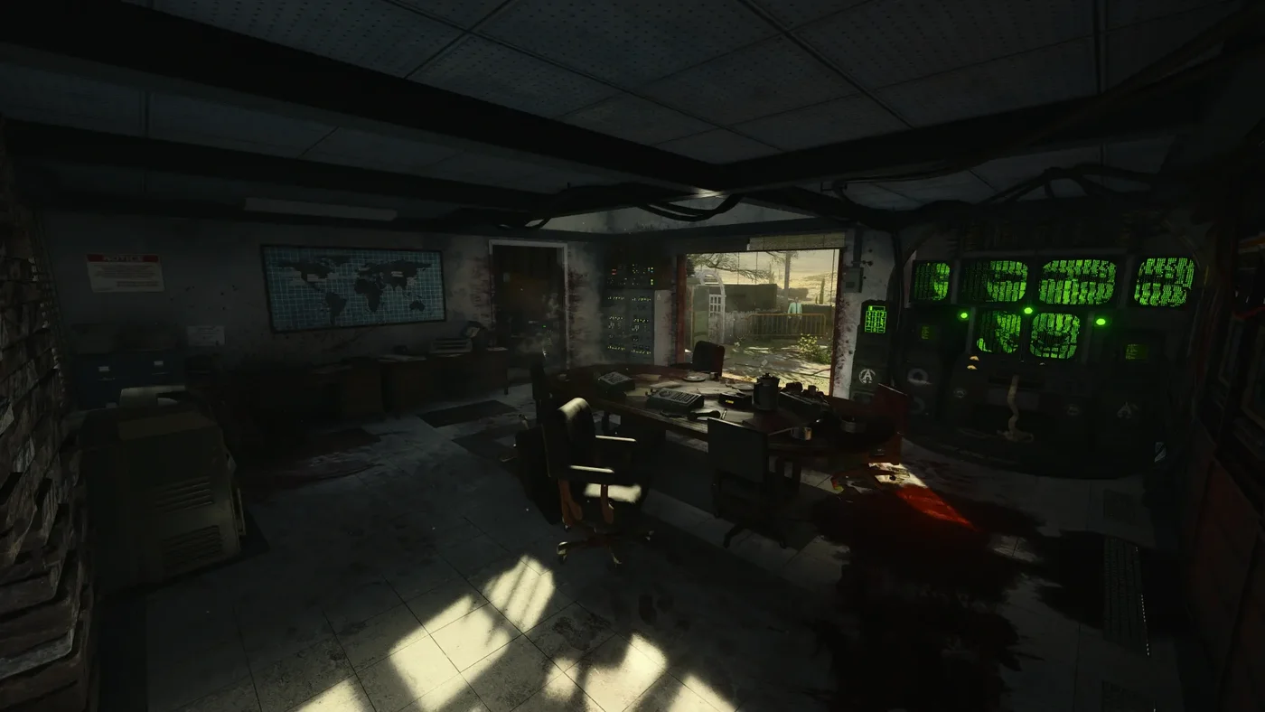The ground floor of Operations, with its glowing green screens, Alpha Omega, Call of Duty Black Ops 4 Zombies