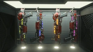The four elemental Ray Gun Mark II variants on display in their cabinet, Alpha Omega, Call of Duty Black Ops 4 Zombies