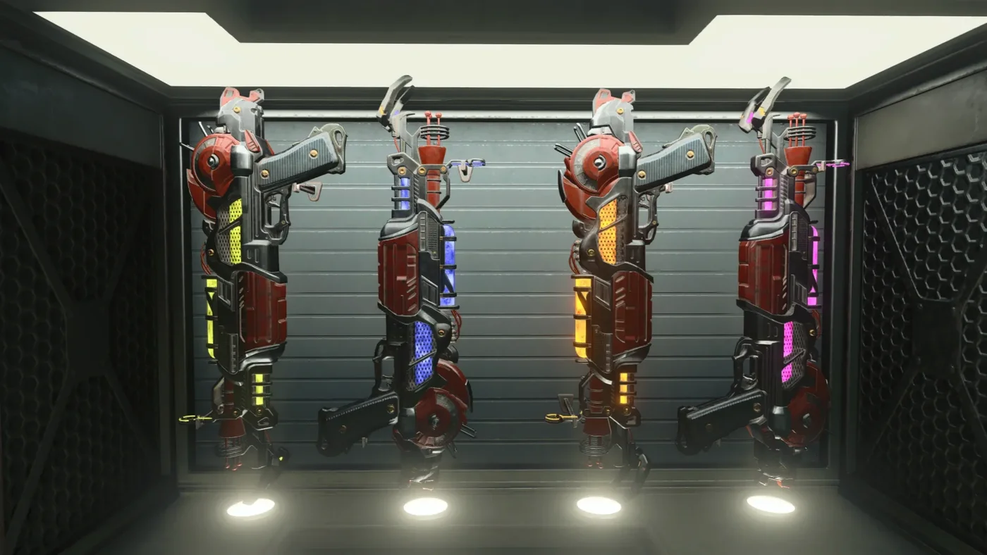 The four elemental Ray Gun Mark II variants on display in their cabinet, Alpha Omega, Call of Duty Black Ops 4 Zombies
