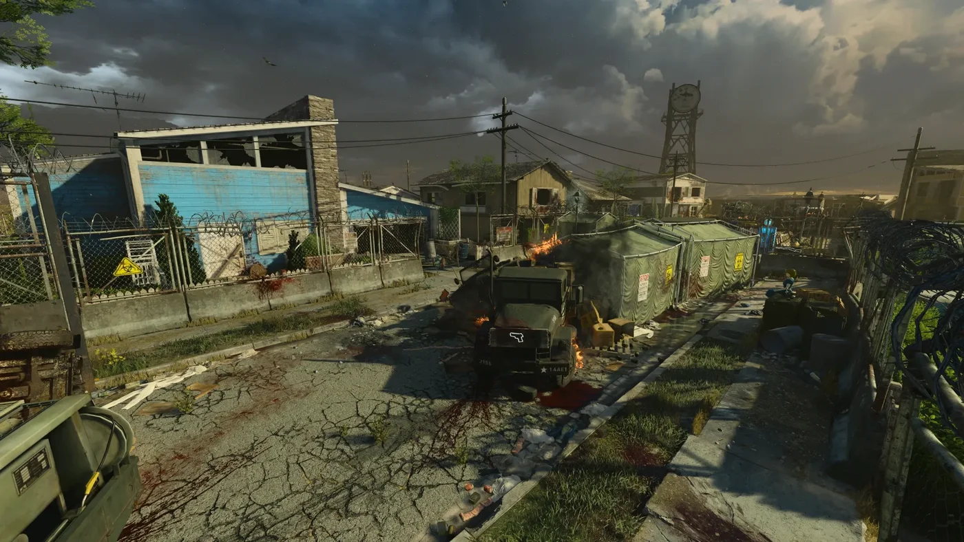 The Site Entrance, a street with an army truck in front of the blue house of the APD Interrogation, Alpha Omega, Call of Duty Black Ops 4 Zombies