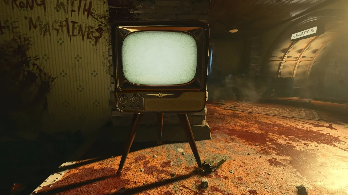 An old television of the bunker showing static before the test card, Alpha Omega, Call of Duty Black Ops 4 Zombies