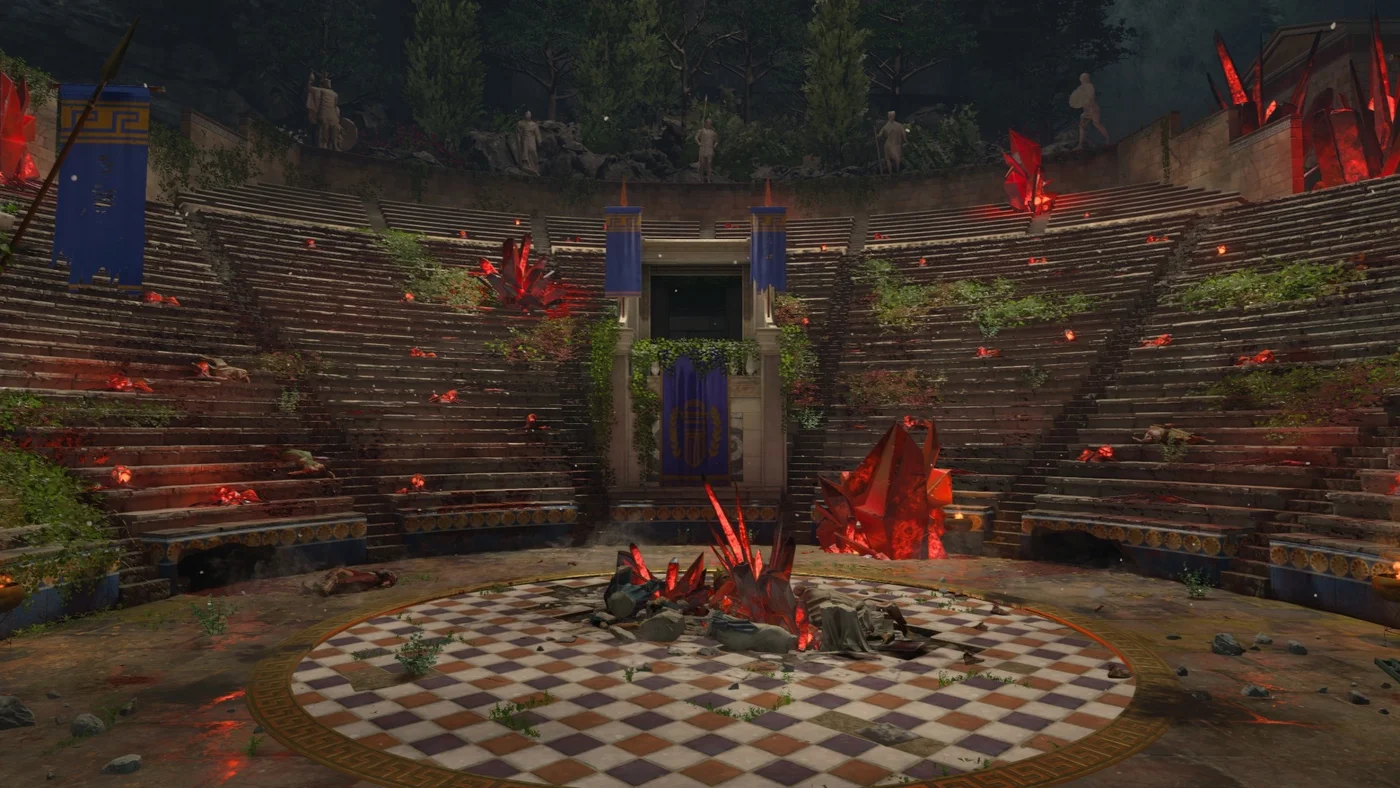 The Amphitheater, with the Sentinel Artifact in the hand of a headless statue at its centre, Ancient Evil, Call of Duty Black Ops 4 Zombies