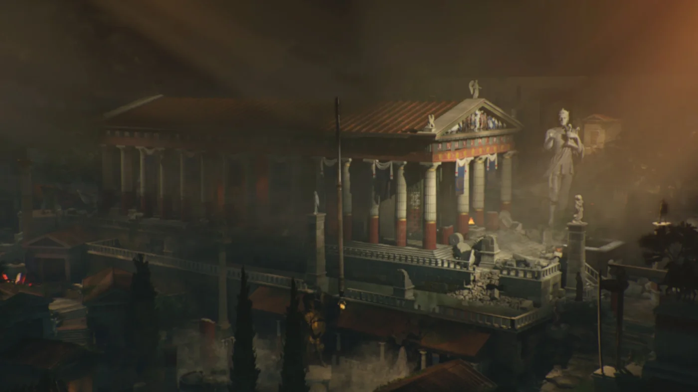 The underground city of Delphi seen from above in the intro cinematic, its temples lit by fires, Ancient Evil, Call of Duty Black Ops 4 Zombies