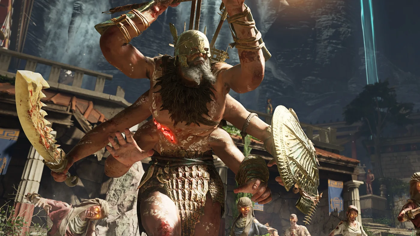 A Gegenees, a six-armed giant with a spear and a round shield, among zombies, Ancient Evil, Call of Duty Black Ops 4 Zombies