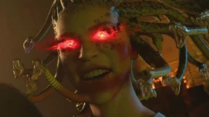 The Oracle revealed as Medusa, eyes glowing red, in the ending cinematic, Ancient Evil, Call of Duty Black Ops 4 Zombies