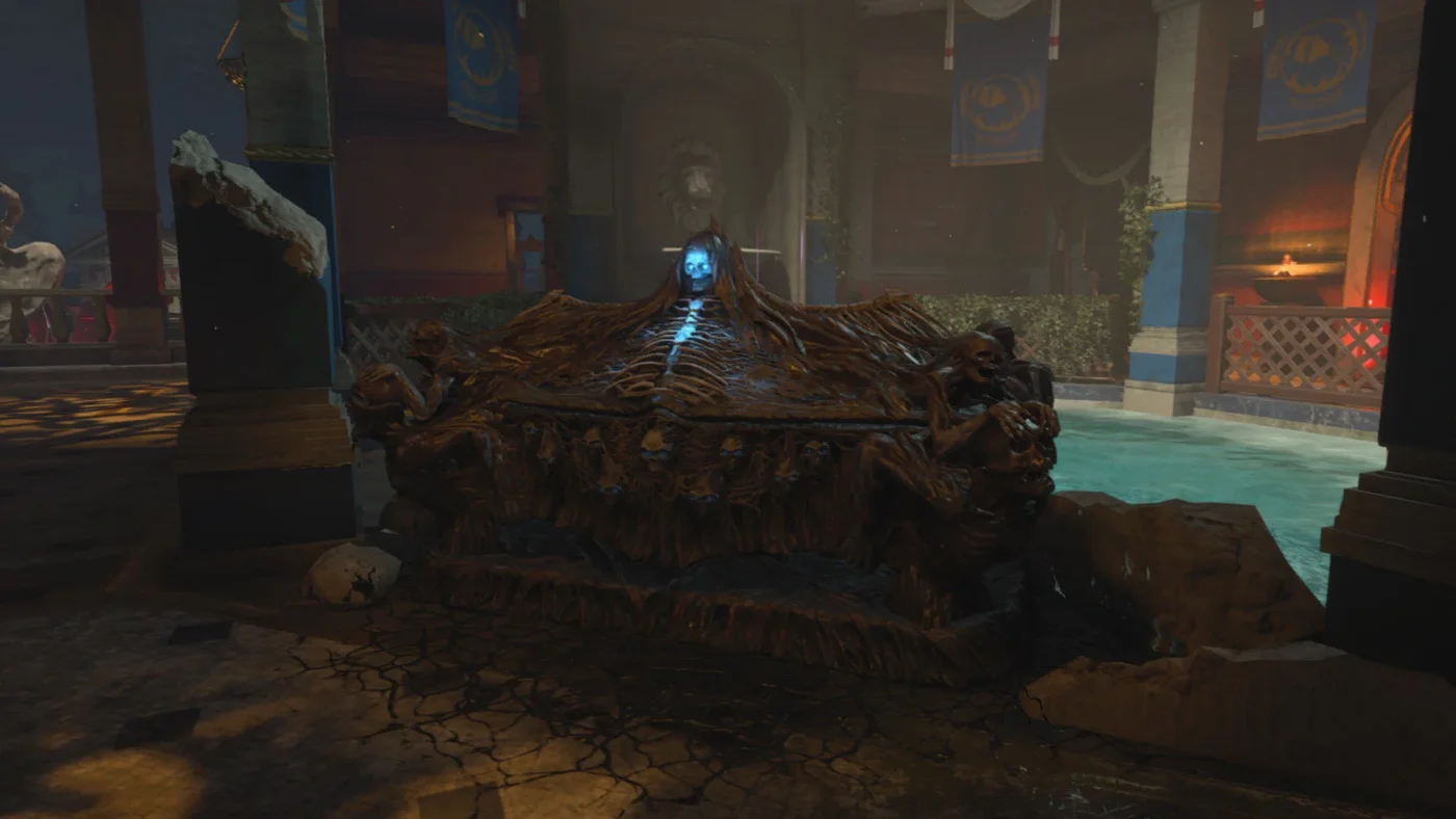 The Mystery Box of the map, open between columns and a pool, Ancient Evil, Call of Duty Black Ops 4 Zombies