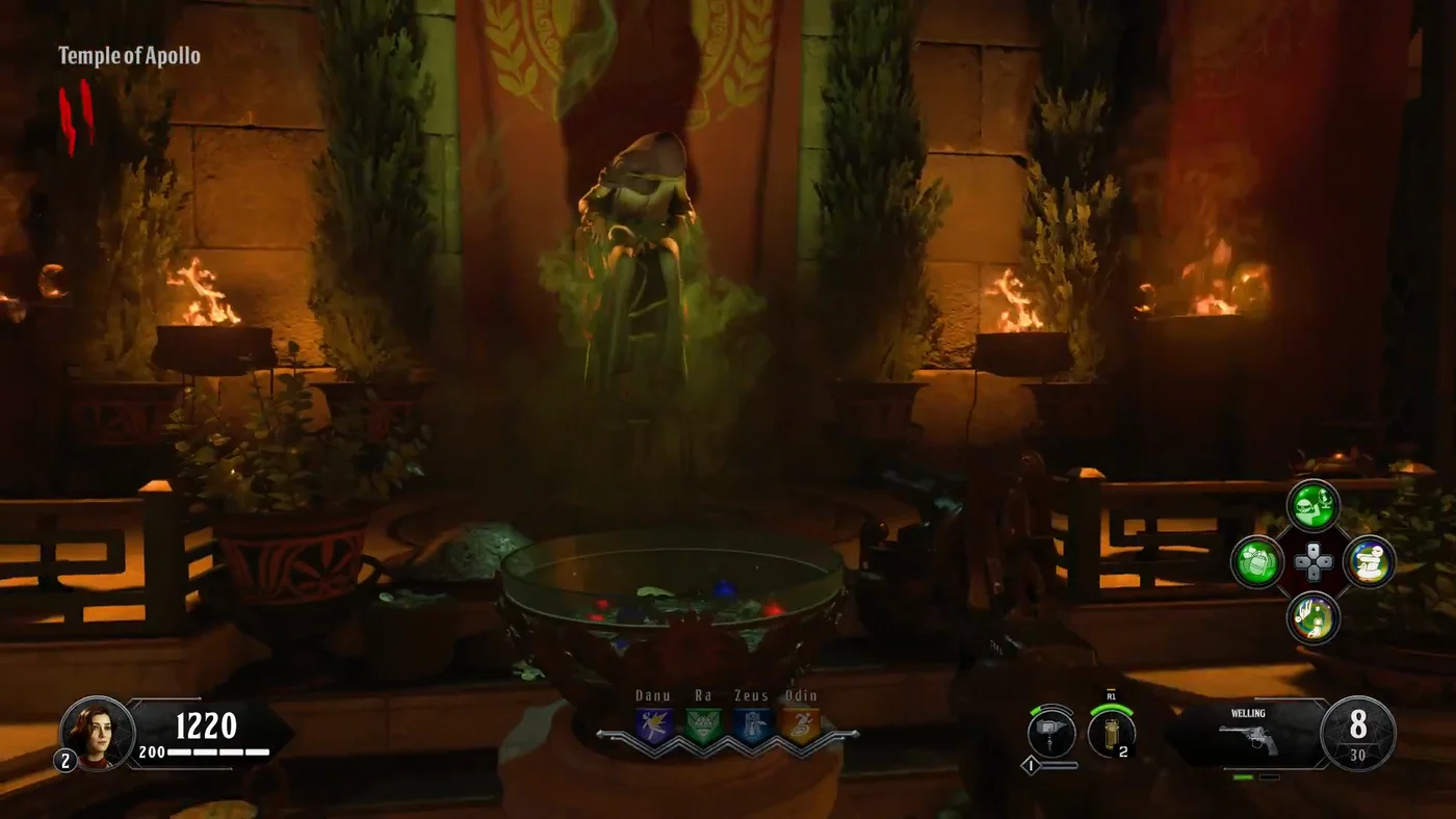 The Oracle bound to her chair behind the bowl of the Tributes, in the Temple of Apollo, Ancient Evil, Call of Duty Black Ops 4 Zombies