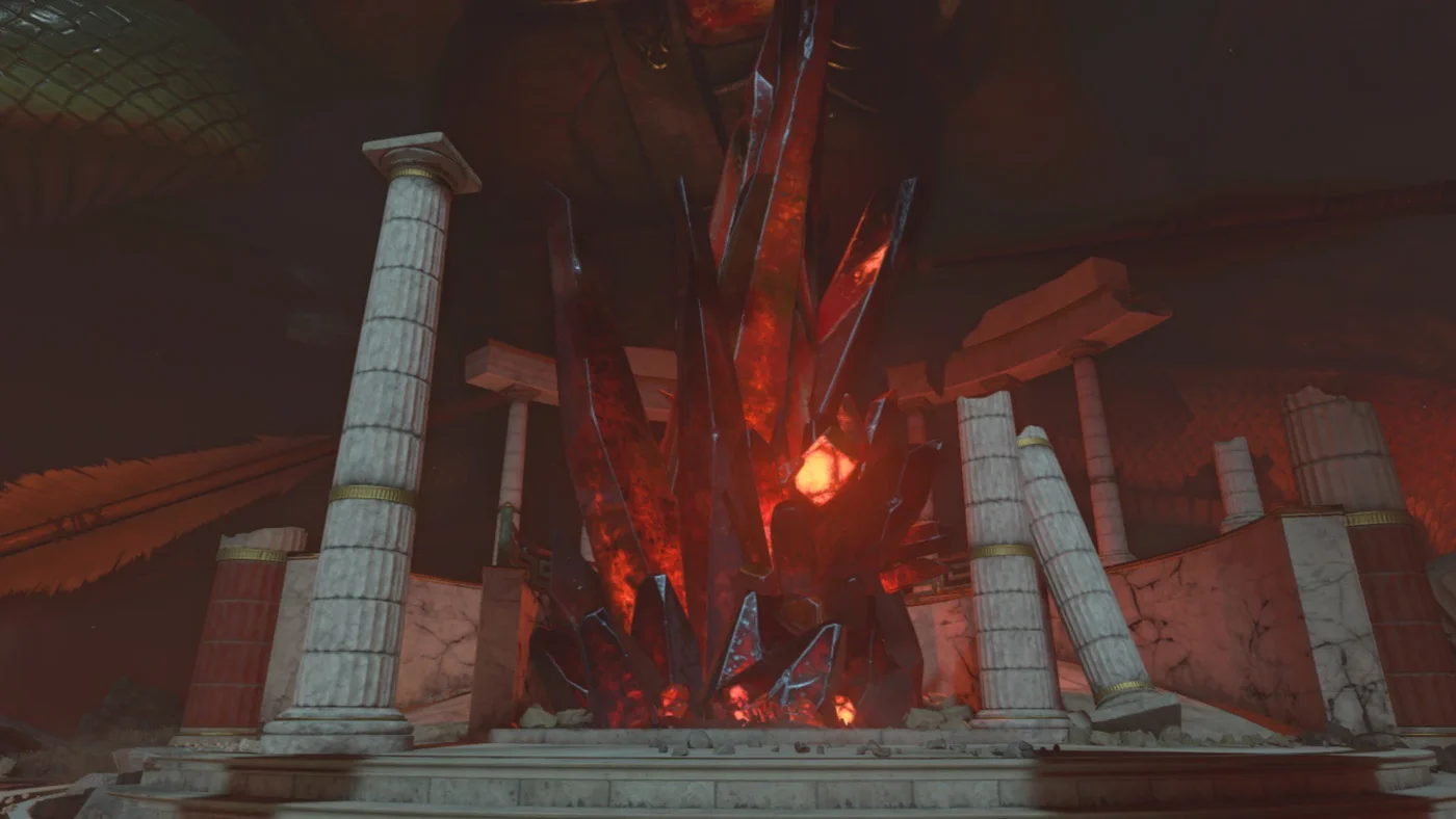 The Pack-a-Punch Machine revealed among red crystals and broken columns at the Center of the World, Ancient Evil, Call of Duty Black Ops 4 Zombies