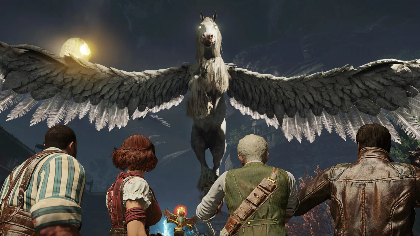 Pegasus with spread wings above the four members of the Chaos crew, official promotional image, Ancient Evil, Call of Duty Black Ops 4 Zombies