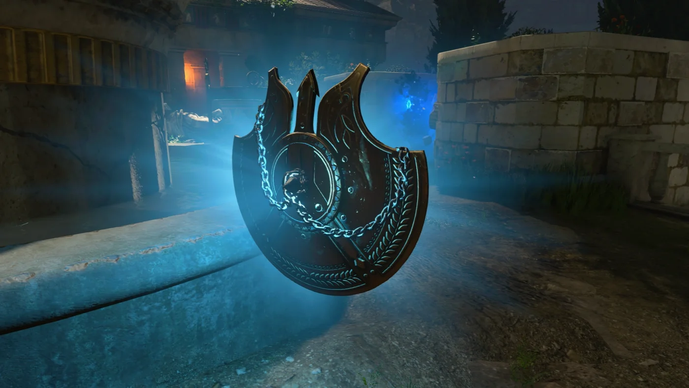 The bronze shield part of Apollo's Will glowing blue on the ground, Ancient Evil, Call of Duty Black Ops 4 Zombies