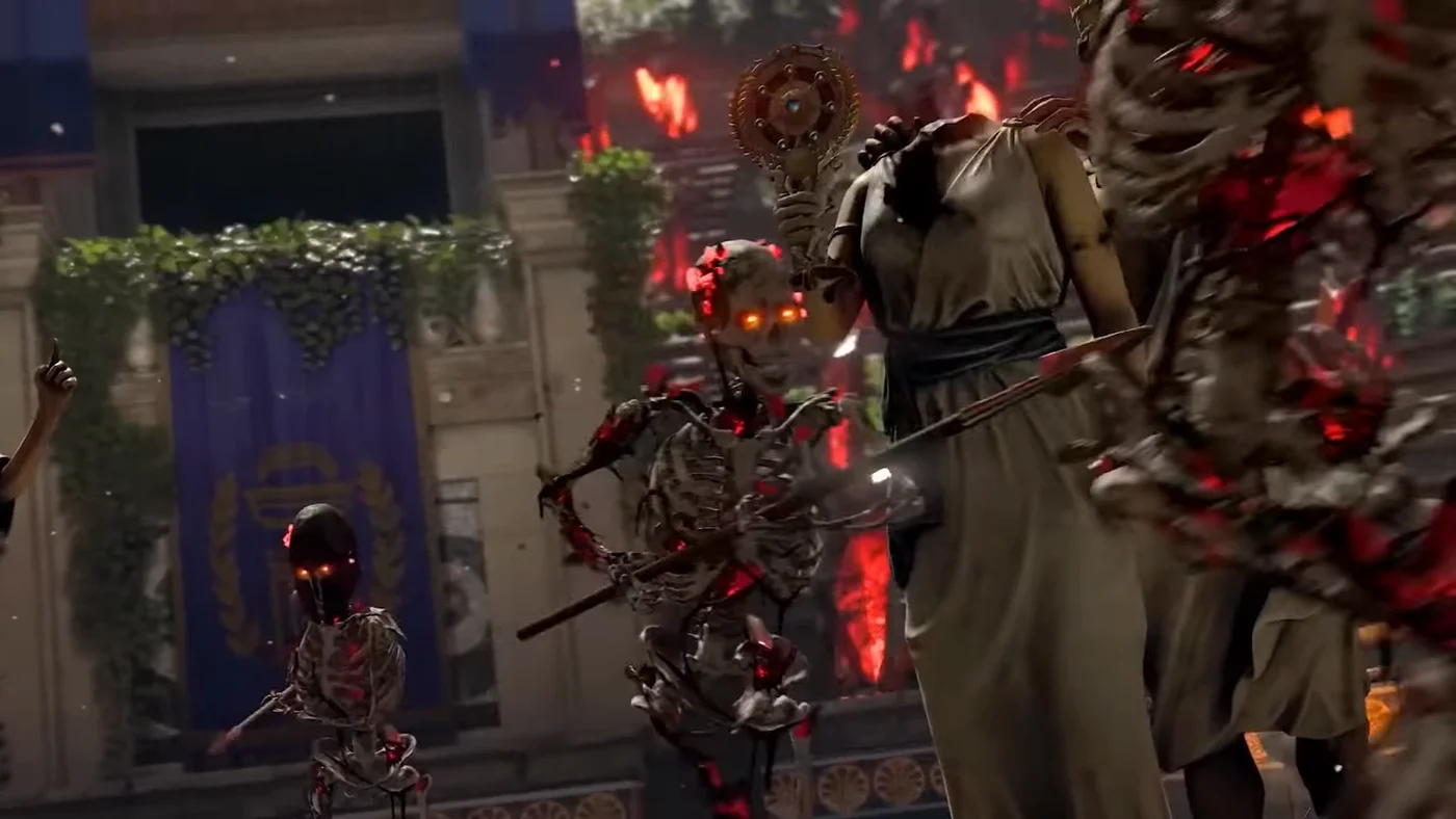 Spartoi skeleton warriors with spears and shields in the streets of Delphi, intro cinematic, Ancient Evil, Call of Duty Black Ops 4 Zombies