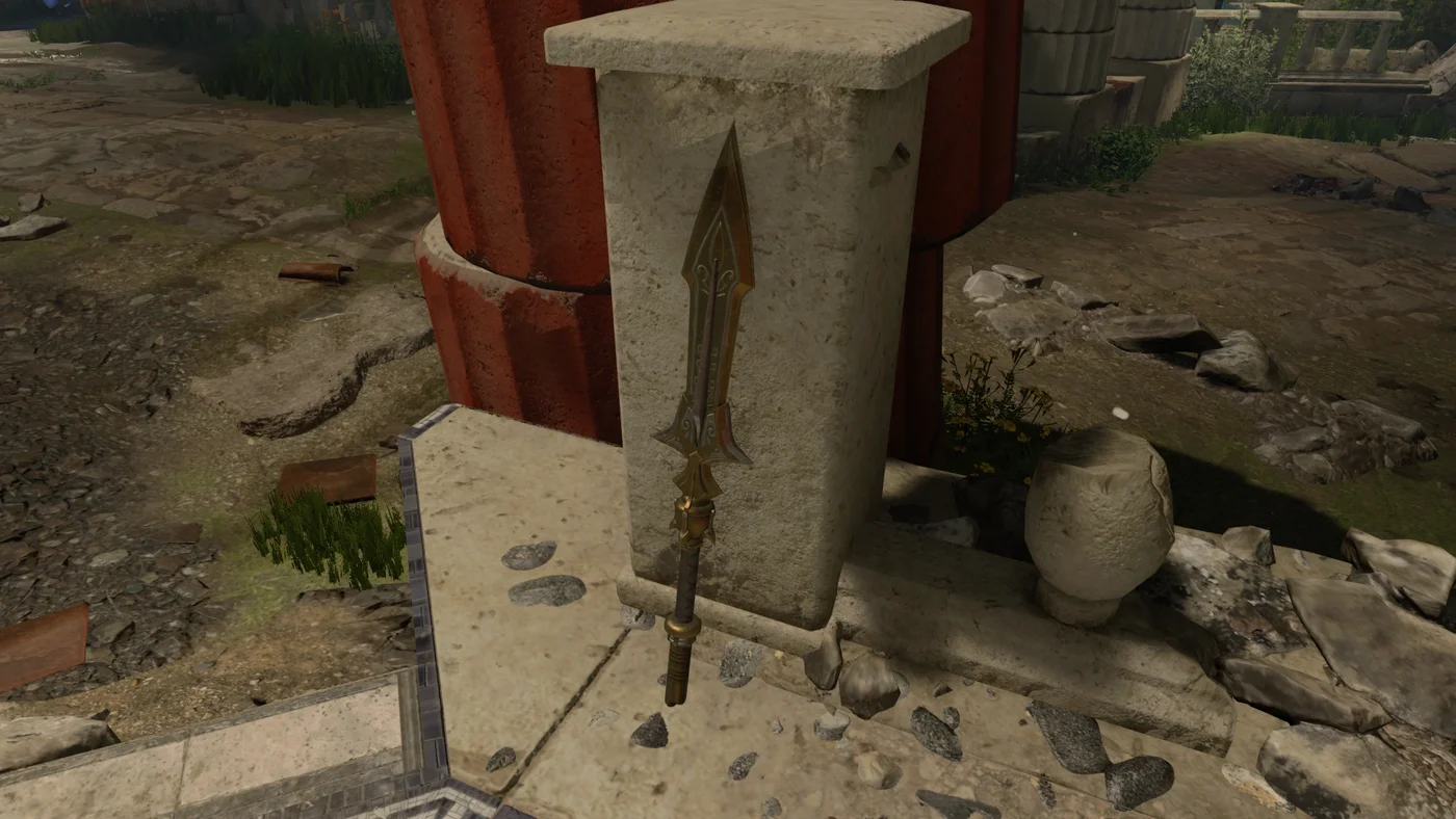 The spear part of Apollo's Will leaning against a pillar of the Stoa of the Athenians, Ancient Evil, Call of Duty Black Ops 4 Zombies