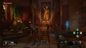 The Temple of Apollo at the start of a game, with the golden statue of Apollo at the end of the nave and the Essex Model 07 on a stone block to the right, Ancient Evil, Call of Duty Black Ops 4 Zombies