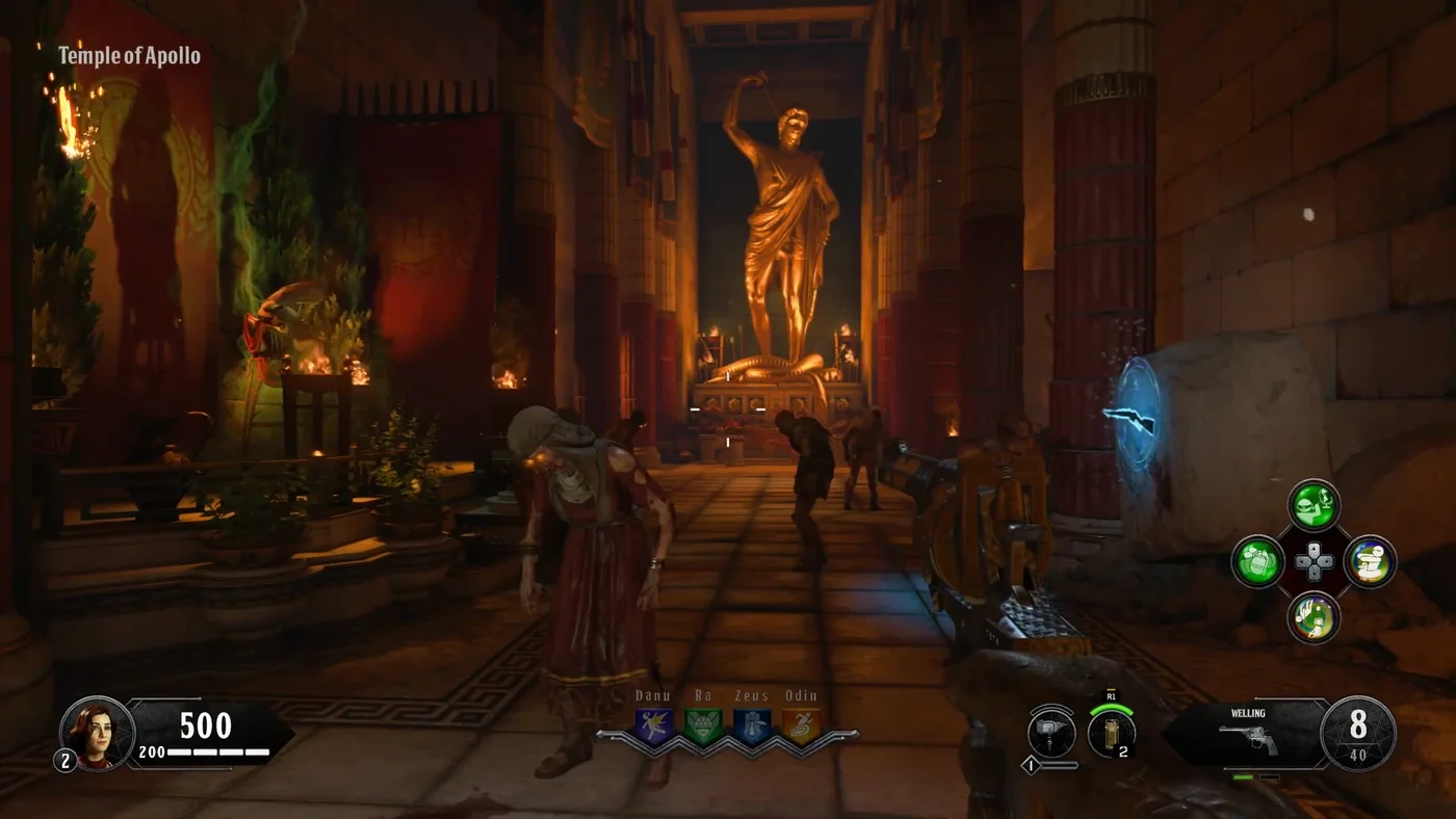 The Temple of Apollo at the start of a game, with the golden statue of Apollo at the end of the nave and the Essex Model 07 on a stone block to the right, Ancient Evil, Call of Duty Black Ops 4 Zombies