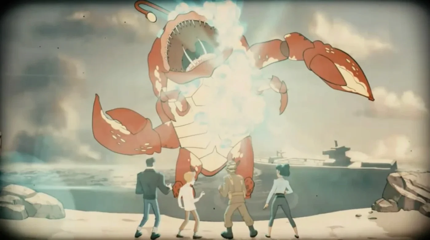 Crog-Zilla blowing up off the beach as the four actors watch, ending cutscene, Attack of the Radioactive Thing, Call of Duty Infinite Warfare Zombies