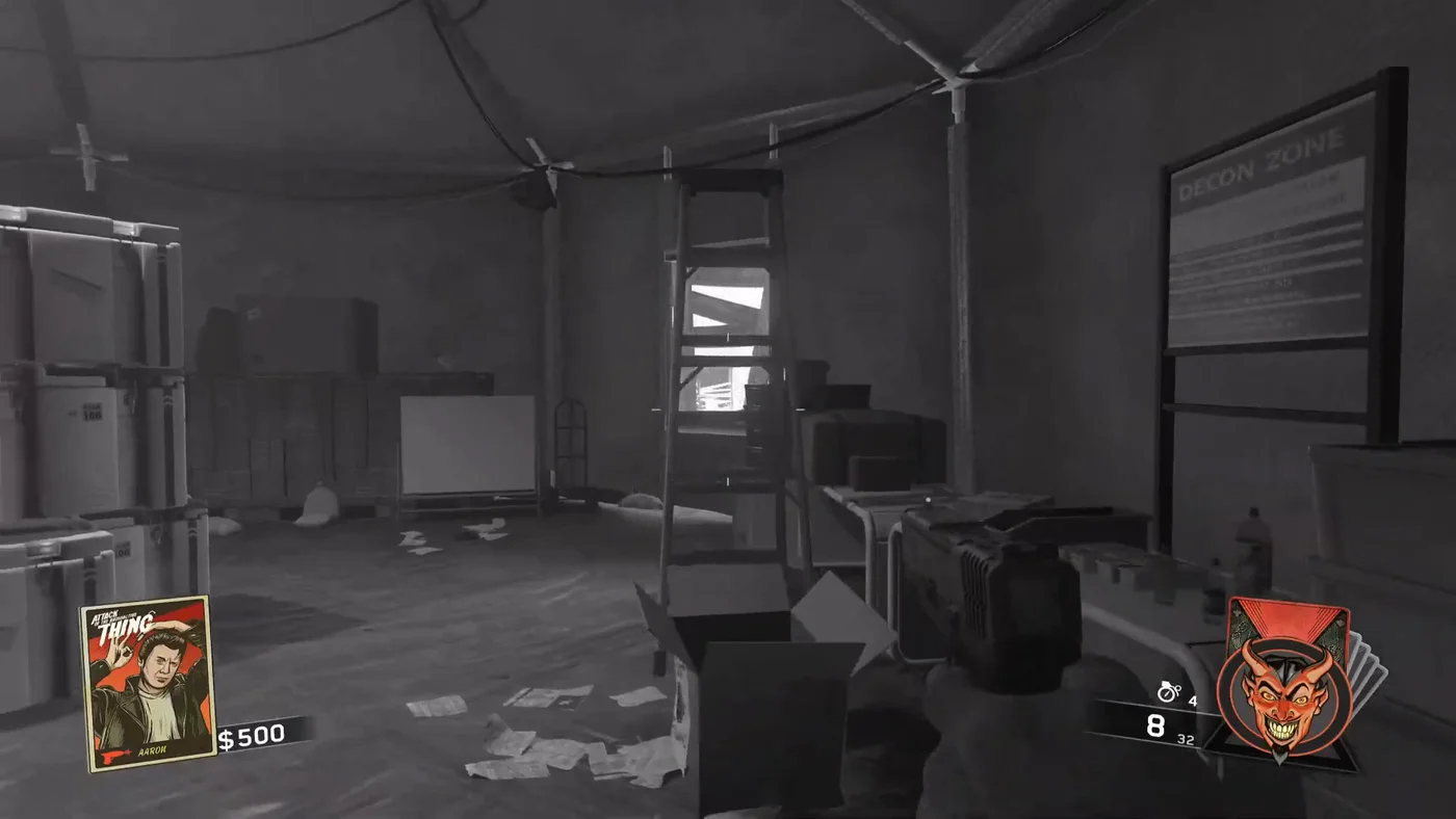 A corridor of the tent with ladders, crates and a Decon Zone sign on the wall, Attack of the Radioactive Thing, Call of Duty Infinite Warfare Zombies