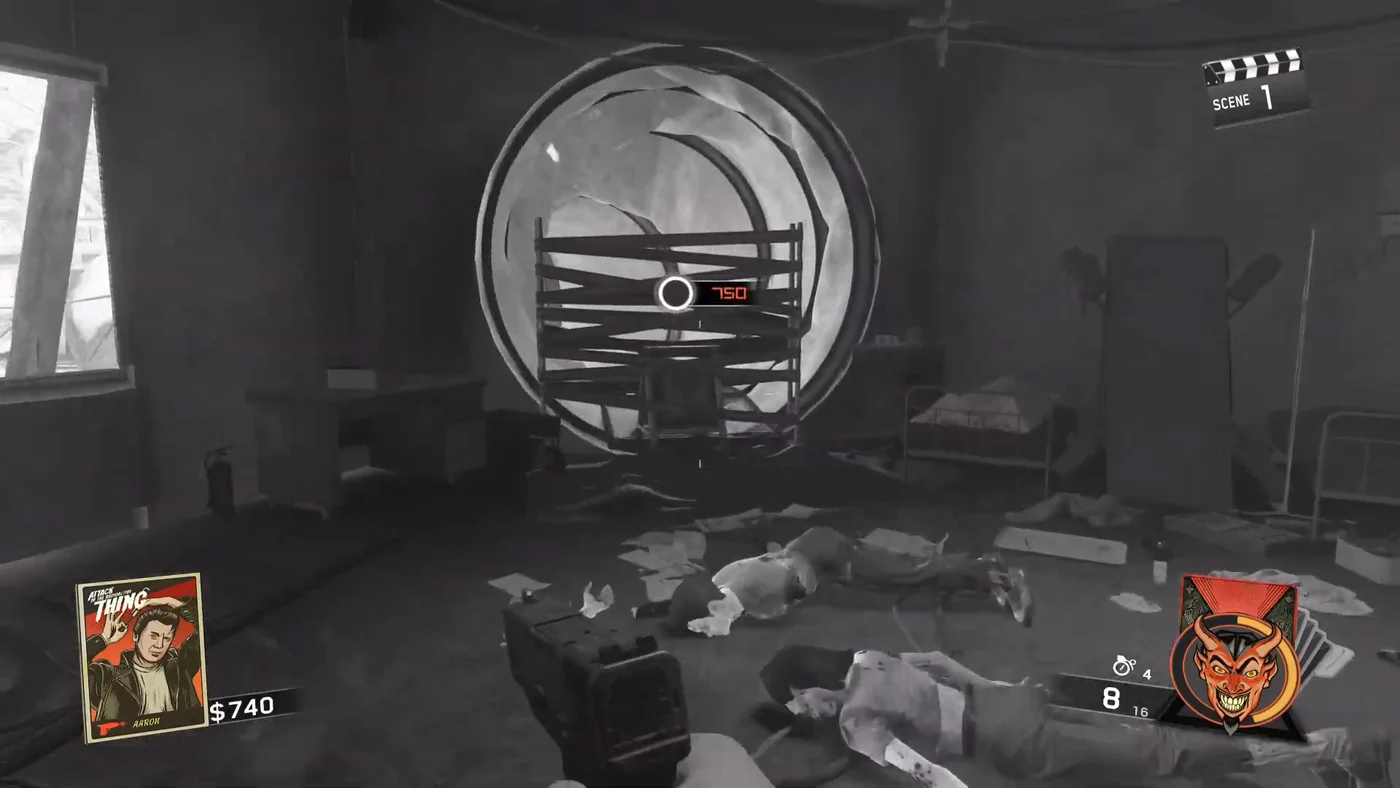 A round decontamination tunnel crossed with Quarantine tape, one of the exits of the tent, with its price of 750, Attack of the Radioactive Thing, Call of Duty Infinite Warfare Zombies