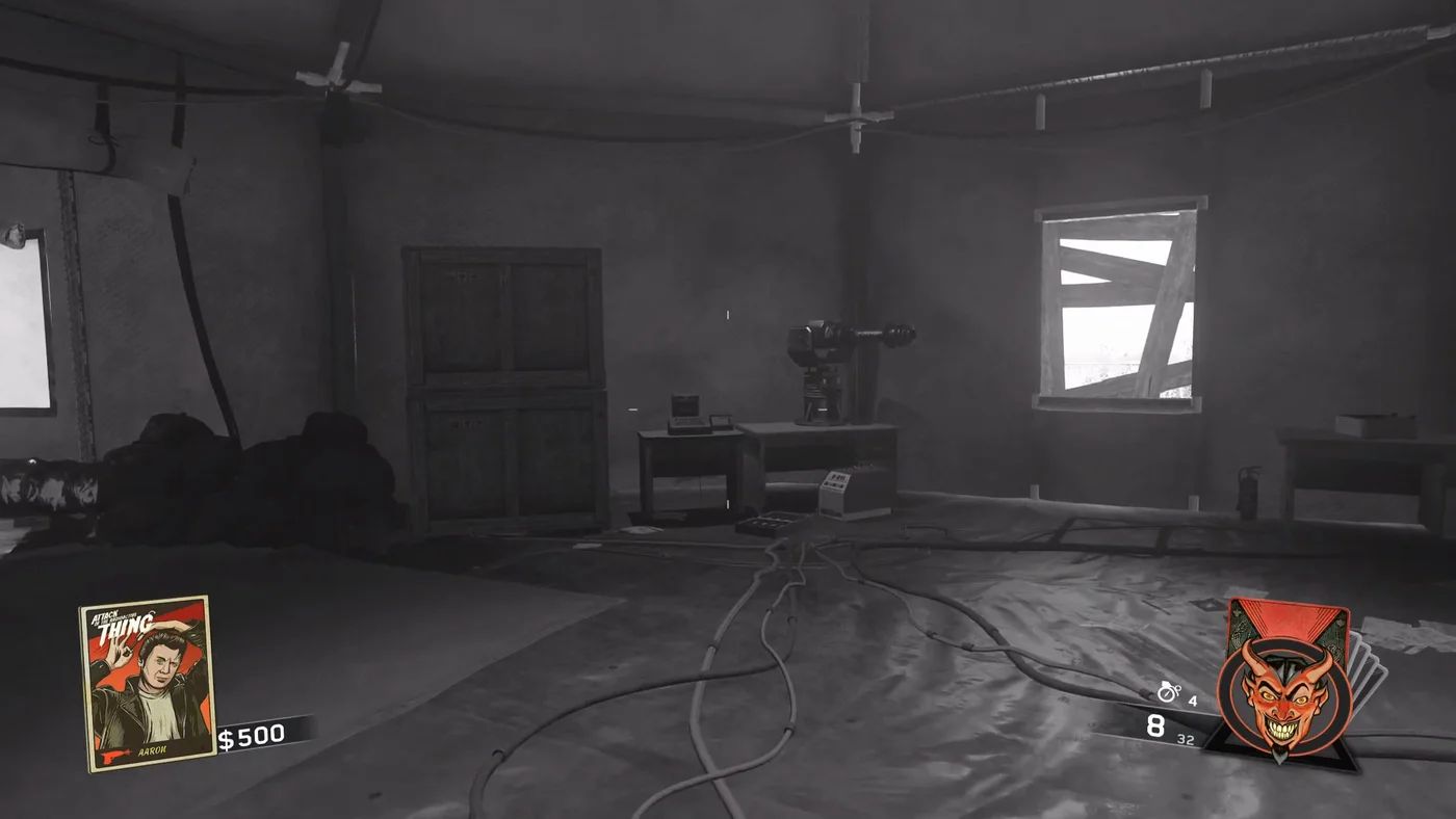 The spawn point inside the military tent, in black and white, with a boarded window and a ray machine on a table, Attack of the Radioactive Thing, Call of Duty Infinite Warfare Zombies