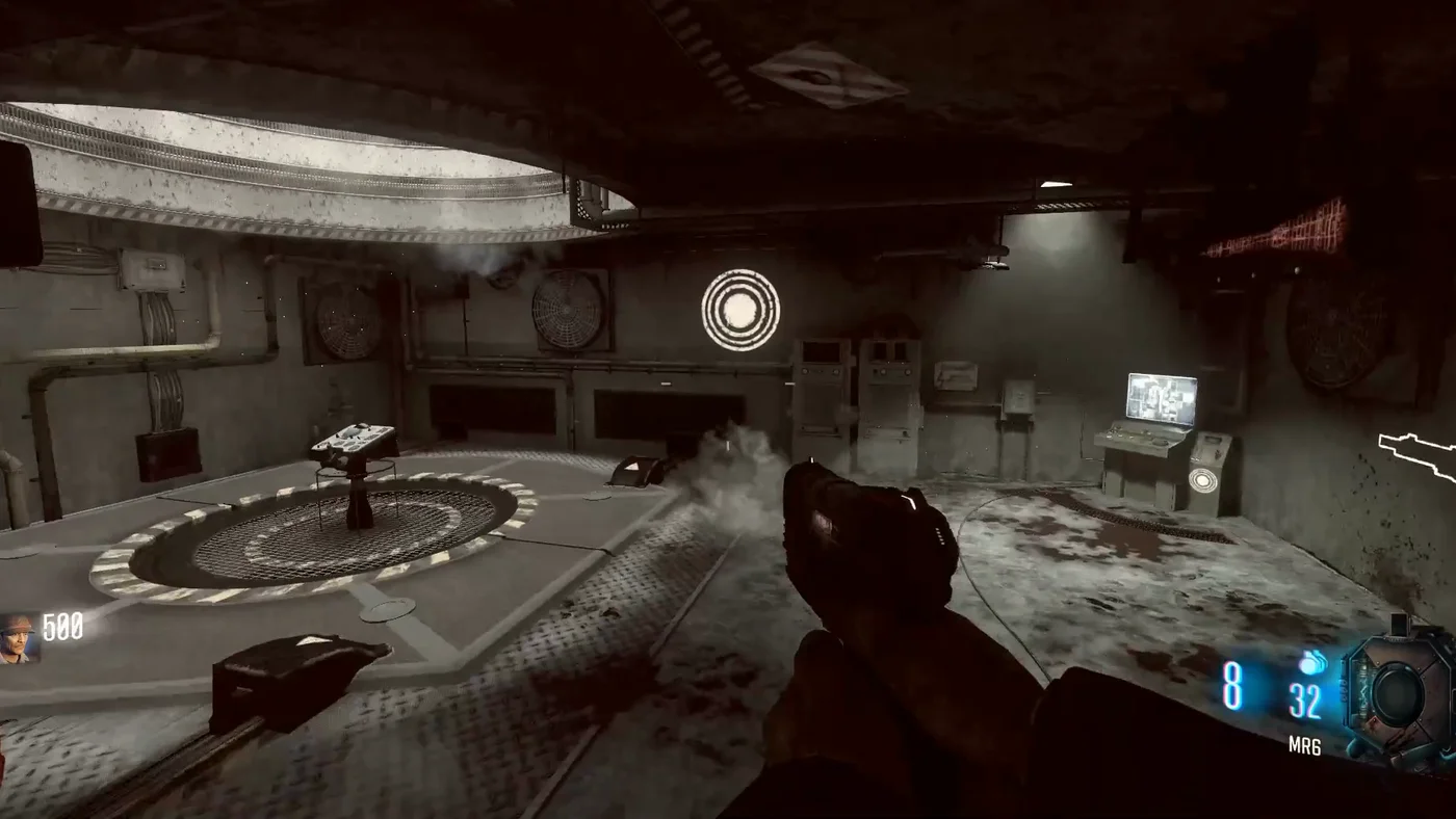 The lunar lander pad of the centrifuge room in sepia before the power, with its call terminal on the right, Ascension, Call of Duty Black Ops III Zombies