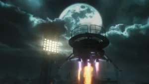 A lunar lander taking off under the full moon, achievement image of The Eagle has Landers, Ascension, Call of Duty Black Ops III Zombies
