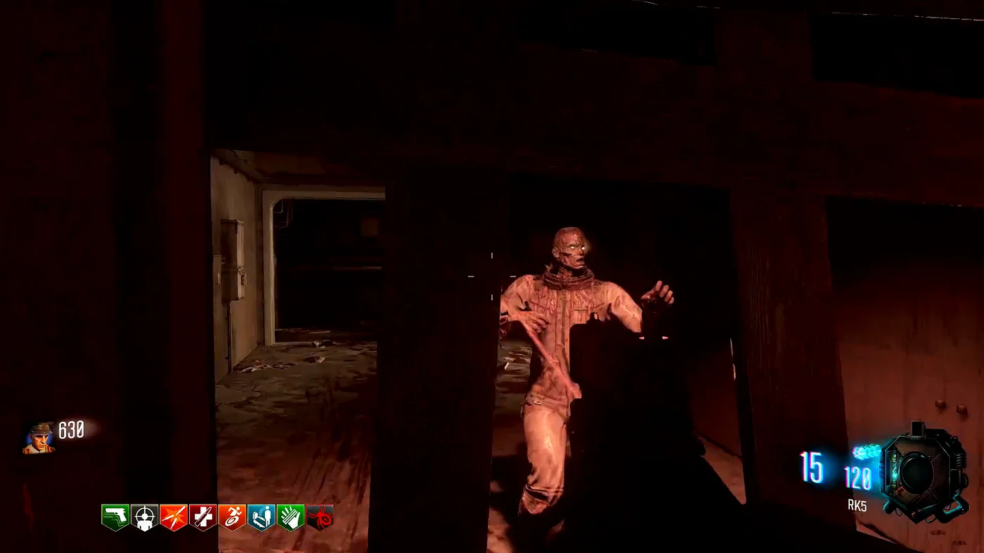 A zombie in a torn suit coming through an opening, before the power is turned on, Ascension, Call of Duty Black Ops III Zombies