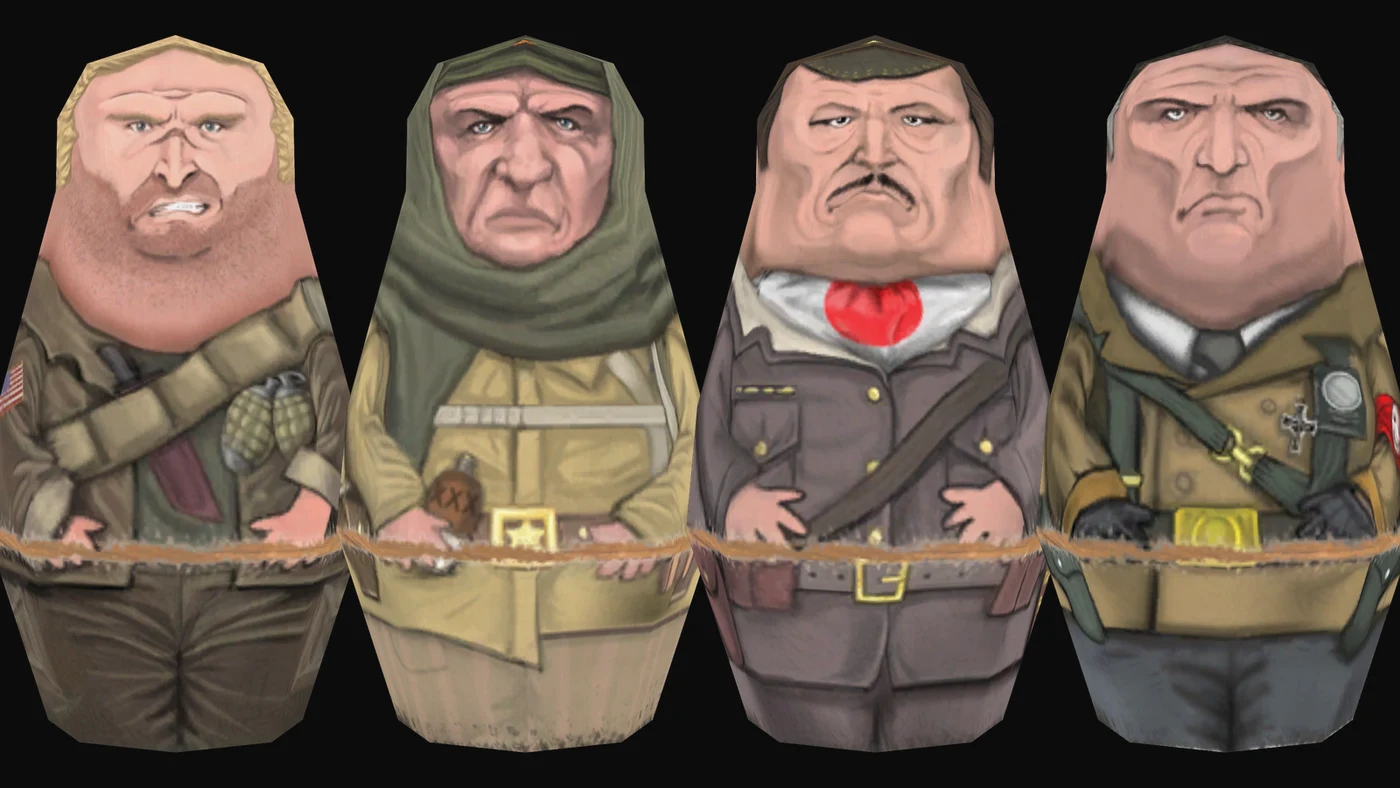 The four Matryoshka dolls of Dempsey, Nikolai, Takeo and Richtofen, model renders, Call of Duty Black Ops Zombies