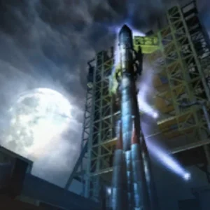 The rocket of Ascension on its launch tower under the moon, map selection image, Call of Duty Black Ops Zombies
