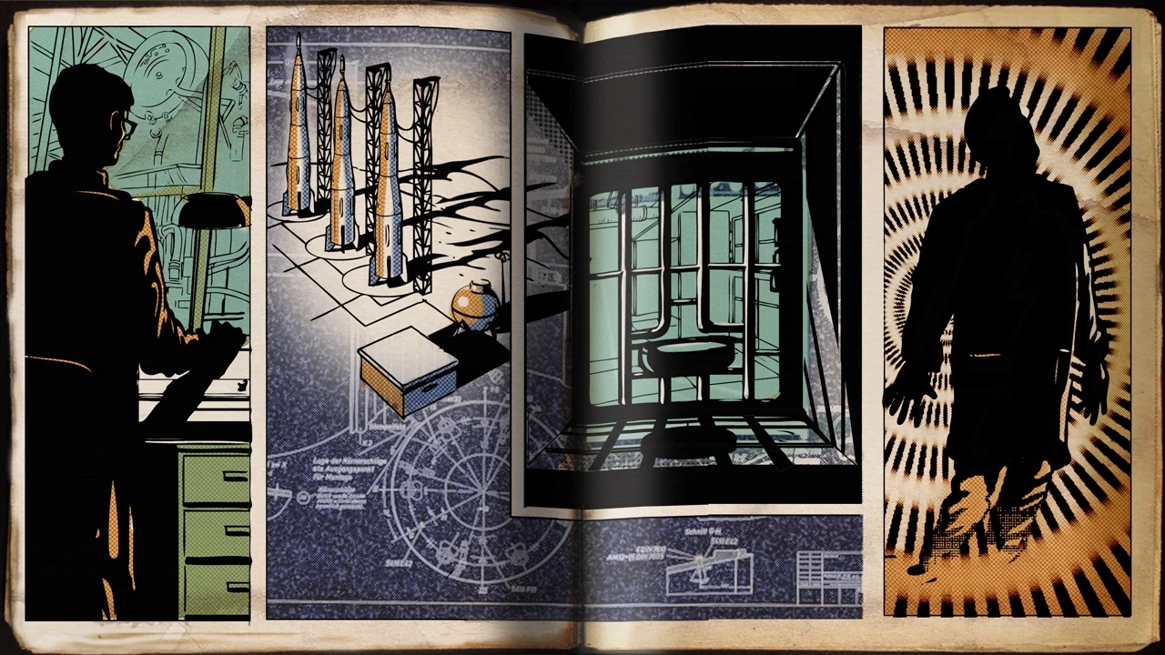 The Ascension loading screen, a comic-book spread with the rockets and the Gersh Device, Call of Duty Black Ops Zombies