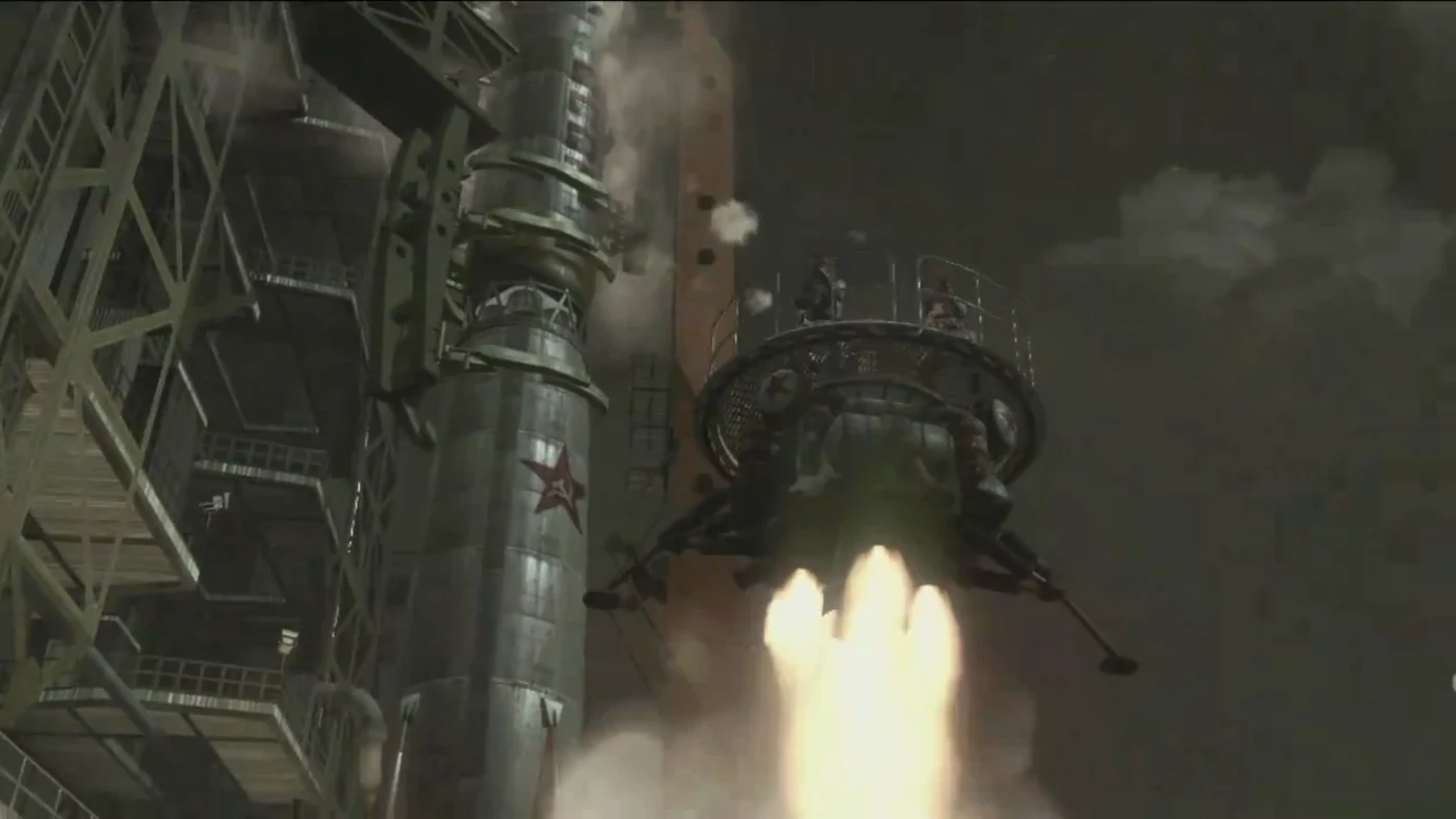 A lunar lander taking off from its pad next to the rocket in Ascension, Call of Duty Black Ops Zombies