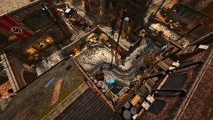 The First Room of Atonement seen from above: the cobbled yard with its mine cart rails, the rooftops and the flags of Catslow, Call of Duty Black Ops III custom Zombies