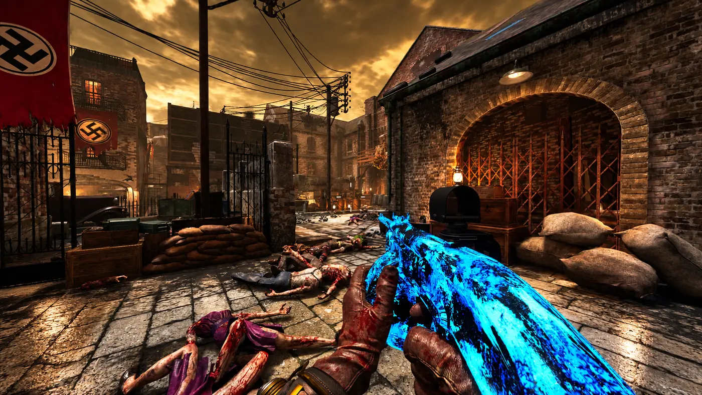 An upgraded rifle with the blue Pack-a-Punch camouflage in front of the vaulted warehouse and the sandbags of the First Room, Atonement, Black Ops III custom Zombies