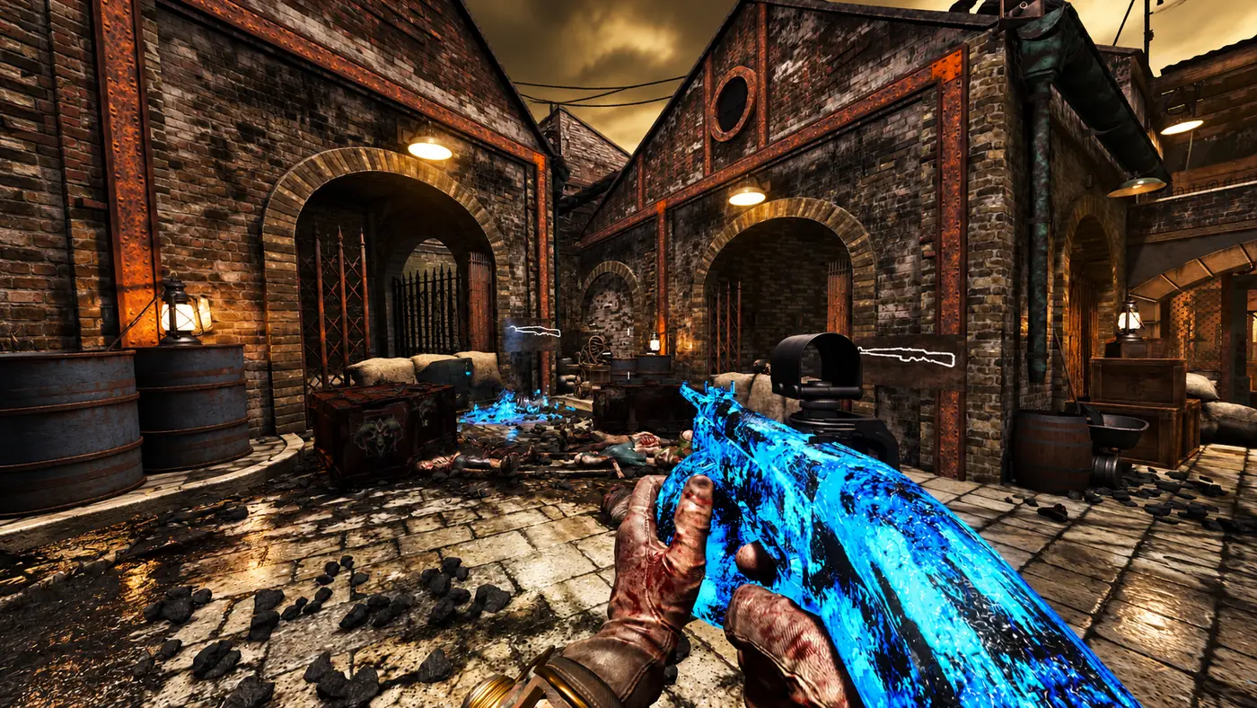 The vaulted warehouse at the edge of the First Room, upgraded rifle in hand, Atonement, Black Ops III custom Zombies