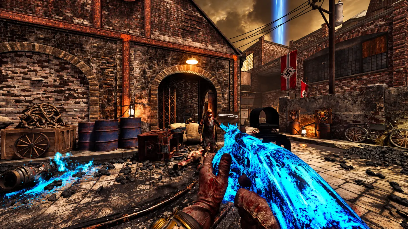 The yard of the First Room with its blue barrels, a zombie coming from the back and a beam of light over the village, Atonement, Black Ops III custom Zombies