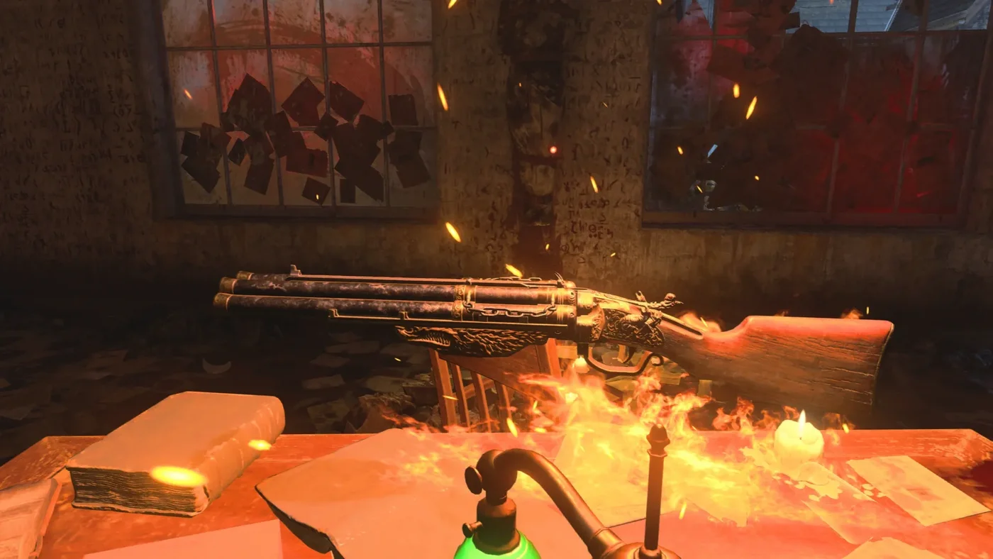 The free Blundergat waiting on the desk of the Warden's Office, Blood of the Dead, Call of Duty Black Ops 4 Zombies