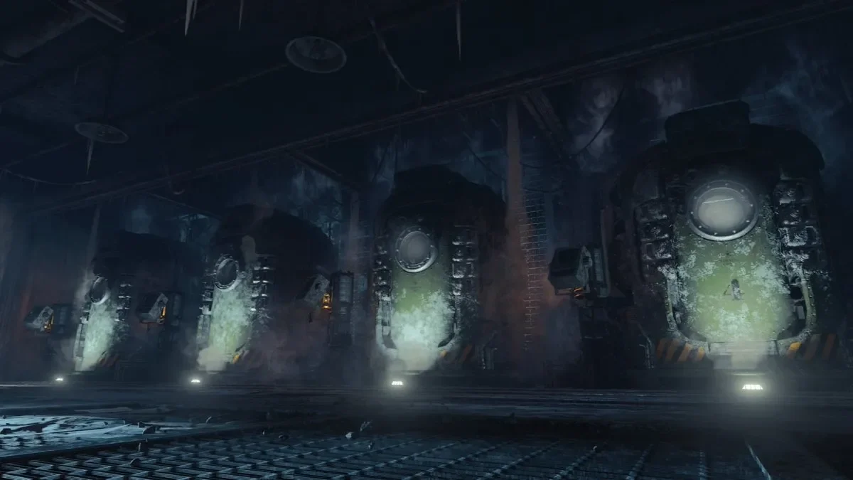 The four cryopods of Richtofen's Laboratory, glowing green, Blood of the Dead, Call of Duty Black Ops 4 Zombies