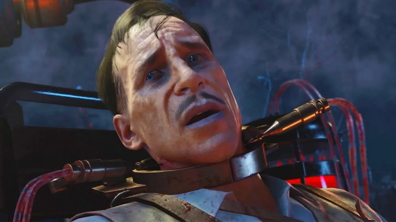 Richtofen strapped to the Dark Mechanism in the ending cinematic, Blood of the Dead, Call of Duty Black Ops 4 Zombies