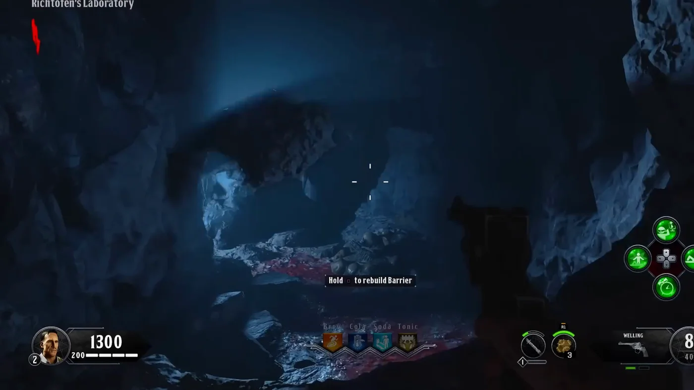 A barrier in the rock wall of Richtofen's Laboratory, with the prompt to rebuild it, Blood of the Dead, Call of Duty Black Ops 4 Zombies