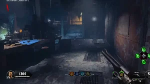 Richtofen's Laboratory, the spawn room, with a workbench on the left and the staircase up to Model Industries at the back, Blood of the Dead, Call of Duty Black Ops 4 Zombies