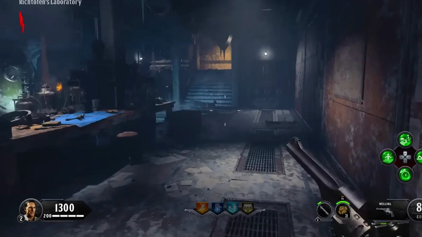 Richtofen's Laboratory, the spawn room, with a workbench on the left and the staircase up to Model Industries at the back, Blood of the Dead, Call of Duty Black Ops 4 Zombies