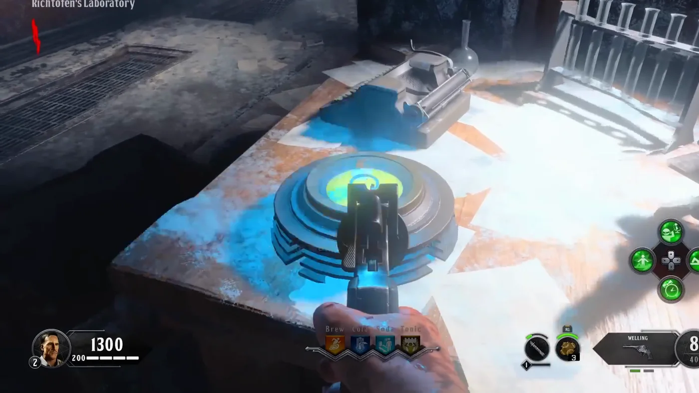 The small walnut teleport pad on a table of Richtofen's Laboratory, Blood of the Dead, Call of Duty Black Ops 4 Zombies