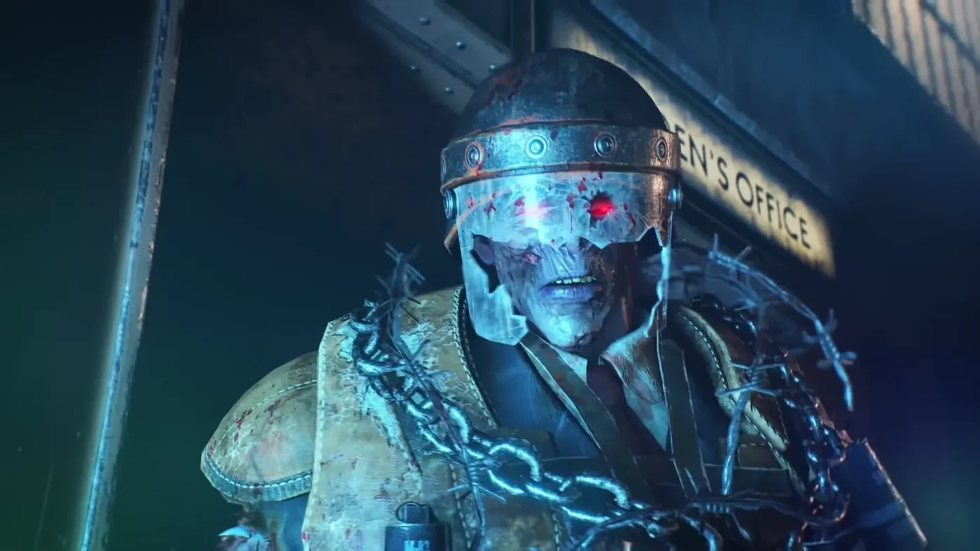 The Warden, his visor broken and his chest bound in chains, in front of the Warden's Office, intro cinematic, Blood of the Dead, Call of Duty Black Ops 4 Zombies