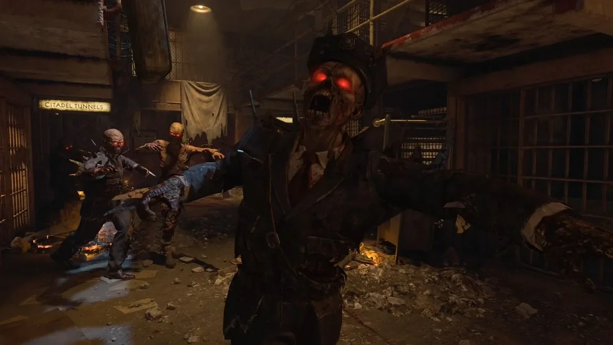 A zombie of Alcatraz with burning red eyes charging through a cell block, intro cinematic, Blood of the Dead, Call of Duty Black Ops 4 Zombies