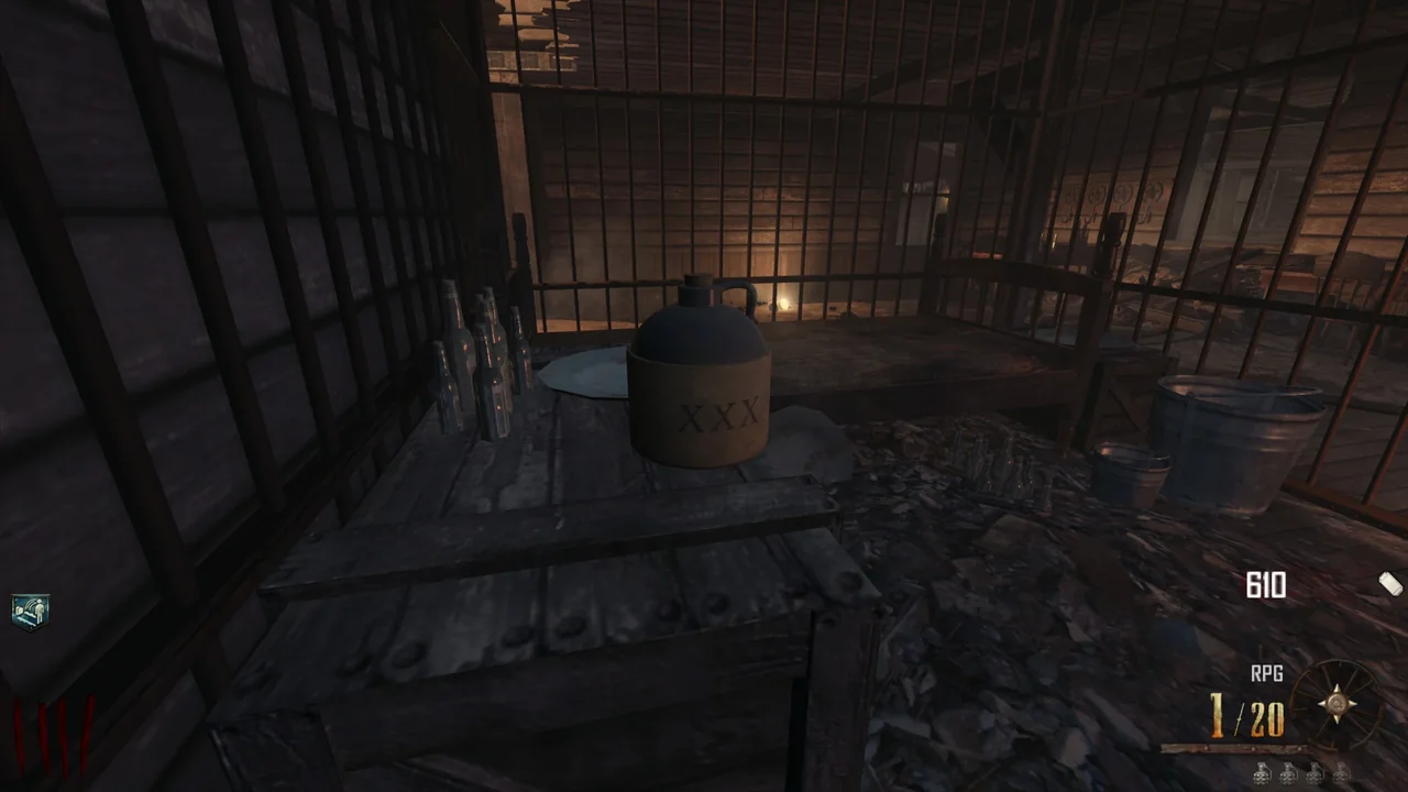 The Booze jug on the desk inside Leroy's cell in Buried, Call of Duty Black Ops II Zombies
