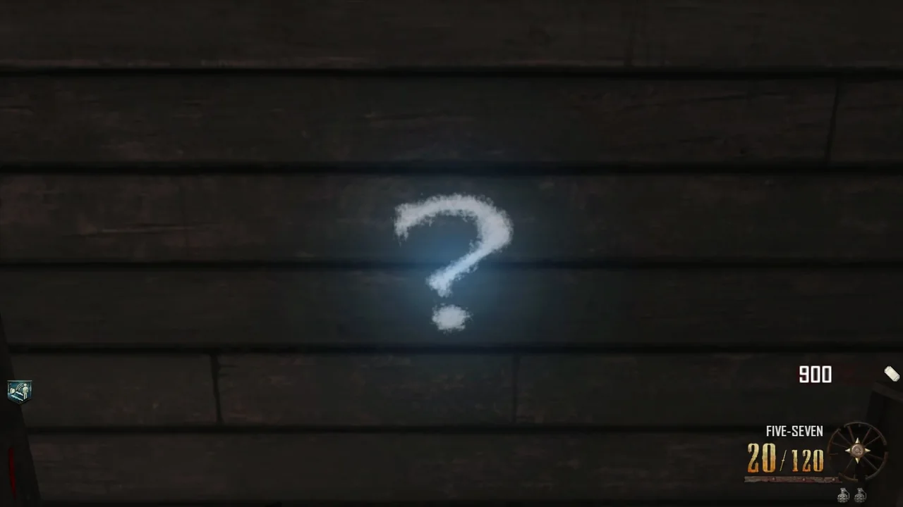 A blue question mark painted on a wall, an empty chalk spot in Buried, Call of Duty Black Ops II Zombies