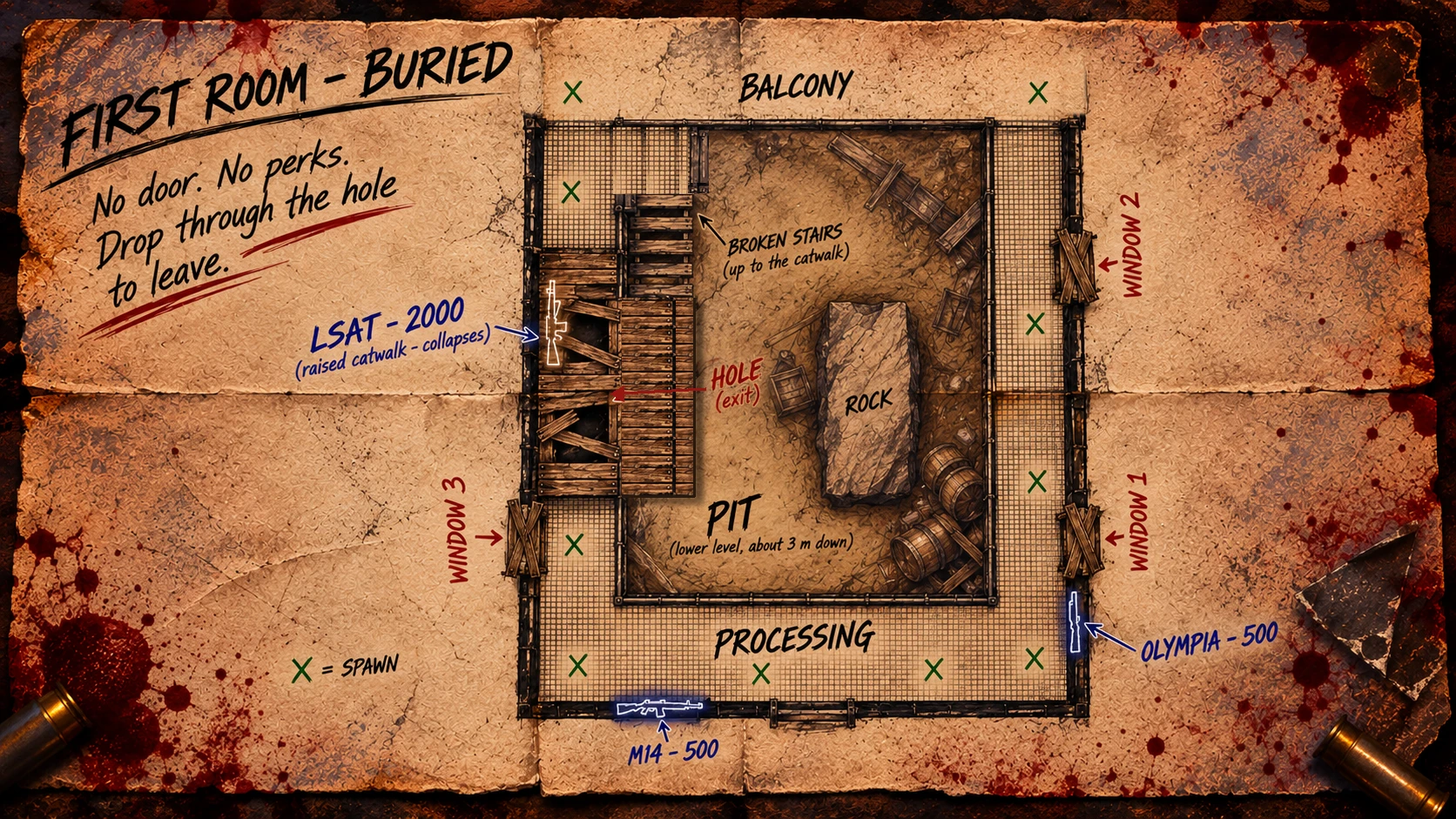 First Room plan of Buried: Processing, its walkway, the pit, the broken stairs, the LSAT catwalk over the exit hole, the three windows and the wall buys