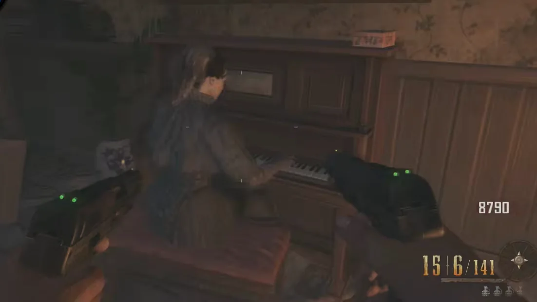The Ghost playing the piano, seen from the doorway in Buried, Call of Duty Black Ops II Zombies