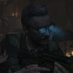Samuel J. Stuhlinger possessed by Richtofen, his eye glowing blue in Buried, Call of Duty Black Ops II Zombies