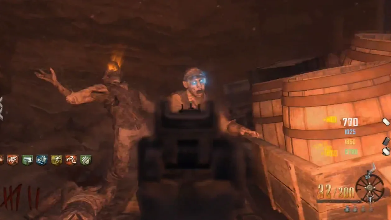 The zombie holding Richtofen's soul, blue eyes among orange-eyed zombies in Buried, Call of Duty Black Ops II Zombies